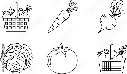 Collection of fresh vegetables and grocery baskets in a simple line art style