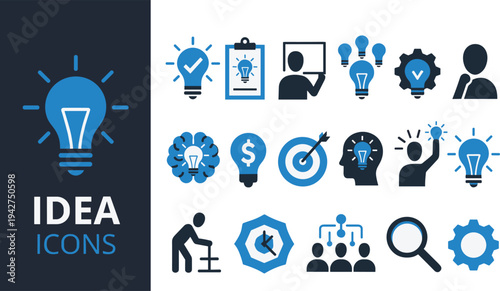 Creative idea and innovation icon set featuring light bulbs, brain, strategy, target, planning, business solution, and problem solving flat vector symbols.