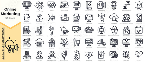 Simple Outline Set of Online Marketing Icons. Thin Line Collection contains such Icons as affiliate marketing, analytics, blogging, branding service, bug fixing, business, content marketing and more