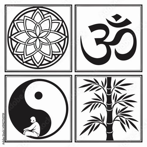 Top Left: A geometric lotus flower or mandala design, symbolizing purity and enlightenment.
Top Right: The Om (Aum) symbol, a sacred spiritual icon in Indic religions.
Bottom Left: A Yin and Yang.