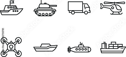 Transportation vehicle icons, boat, tank, cargo truck, helicopter, drone, speedboat, submarine, cargo ship, black line illustration, design set