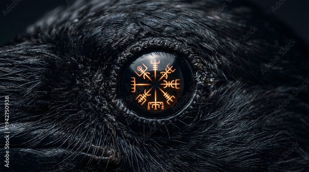 Naklejka premium Detailed Crow Eye Reflecting Burning Orange Viking Rune Circle