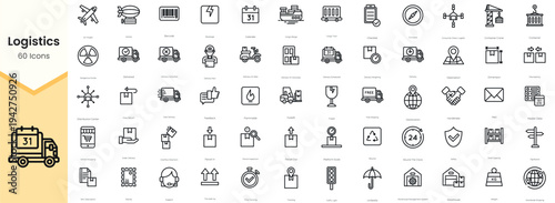 Simple Outline Set of Logistics Icons. Thin Line Collection contains such Icons as airship, barcode, breakage, calendar, cargo barge and more