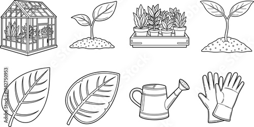 Collection of simple line art illustrations for gardening and plant care