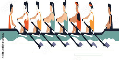 Rowing Team in Boat Illustration with Athletes Paddling Together for Sports Competition, Teamwork, Fitness, and Water Racing Concept Design
