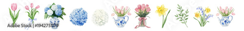 Watercolor beautiful spring flowers. Adorable flowers clipart with tulips, hydrangeas, daffodils in vases. Collection of Vector illustrations. Perfect for invitation, card, poster, banner, decor