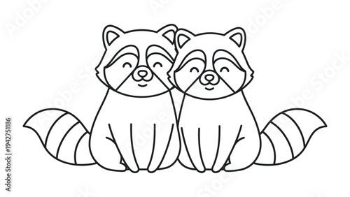 Two Raccoon in Harmony: Adorable outlined raccoon cuddles lovingly, evoking feelings of affection and tenderness on a white canvas.