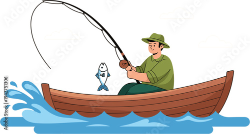 Man Fishing from Wooden Boat Illustration with Fisherman Catching Fish on Lake or River for Outdoor Recreation, Hobby, and Nature Activity Design