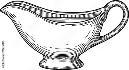 Vintage Gravy Boat Sauce Jug Illustration in Hand Drawn Engraving Style for Kitchenware, Table Setting, Restaurant Menu, and Culinary Design Projects