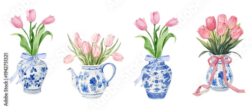 Watercolor pink tulips in blue porcelain vases and teapot floral clipart set. Collection of Vector illustrations. Perfect for invitation, card, poster, banner, decoration
