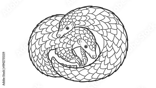 Pangolin Couple in Monochrome: A detailed monochrome illustration showcases a pair of pangolins curled up, their scales intricately patterned, symbolizing protection and companionship.
