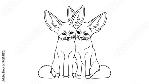 Adorable Fennec Foxes: A delicate line drawing captures the endearing charm of two fennec foxes, showcasing their oversized ears and sweet expressions.