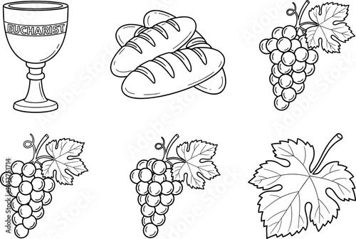 Religious symbols of eucharist, bread, and grapes in a simple line art style