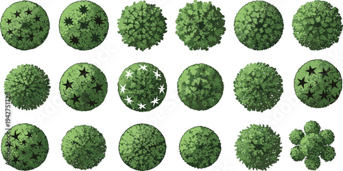 Top view green tree canopy collection vector illustration for landscape map design forest park planning elements isolated white