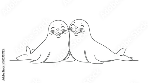 Friendly Seals' Bond: Two charming seals share a heartwarming moment, their joyful expressions radiating companionship and affection. Captured in a minimalist style.