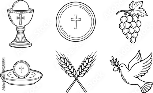 Christian symbols for communion and peace, including chalice, host, grapes, wheat, and dove