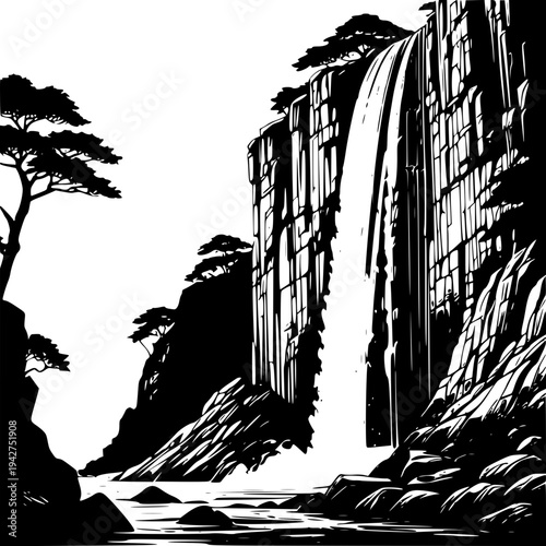 A black and white vector graphic illustration of a waterfall cascading down a rocky cliff with trees on transparent background