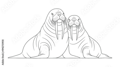 Walrus bond illustration: Two majestic walruses, depicted in detailed line art, symbolize the deep bonds of family and companionship. Embrace the charm and intricate beauty of these sea creatures.