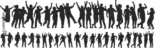 Silhouette people dancing jumping celebrating illustration, joyful human poses artwork, community diversity expression design, energetic movement graphic, flat vector stock image