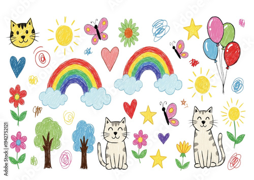 Playful Hand-Drawn Doodle Collection with Cute Kittens, Bright Rainbows, and Cheerful Childlike Elements