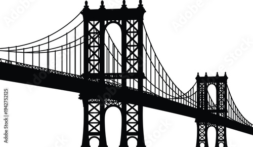 Suspension bridge silhouette illustration, architectural landmark design, urban infrastructure artwork, civil engineering structure drawing, flat vector graphic for stock image