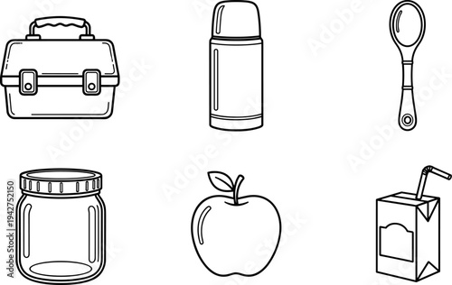 Collection of lunchbox items and food, illustrated in a simple line art style