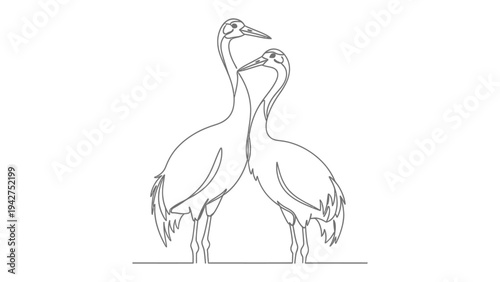 Elegance in Unison: Two graceful cranes, their necks intertwined in a moment of tranquil connection, stand as a testament to the beauty of natural harmony and delicate lines.