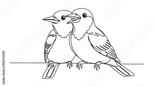 Lovebirds’ Harmony: Two birds perch on a branch, their closeness and shared moment painted in a simple, delicate line drawing, capturing the beauty of companionship.