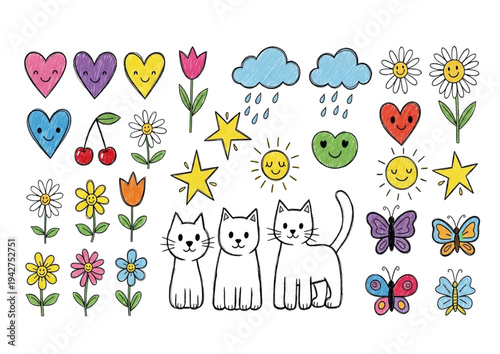 Whimsical Doodle Collection Cute Hand-Drawn Animals, Hearts, Flowers, and Nature Elements