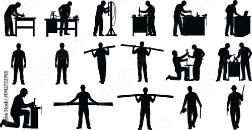 Industrial worker and carpenter silhouettes collection, manual labor and construction poses vector set for workshop branding, professional handyman and factory employee icons,