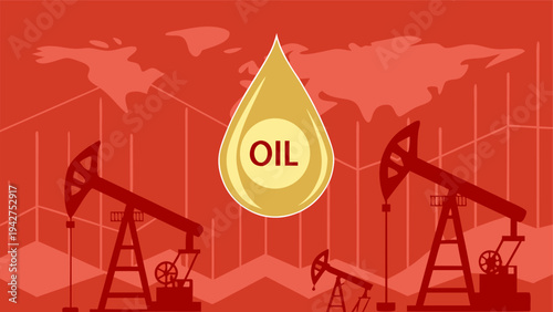 Global oil market decline illustrated with red falling chart and oil pump industry symbol.