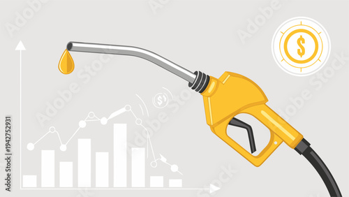 Gasoline pump nozzle with oil drop against upward bar chart representing fuel price growth.