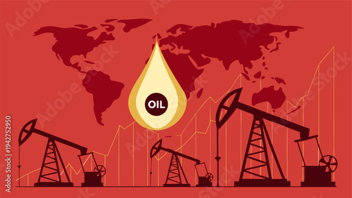 Vector illustration of oil market crash with negative price chart and oil pump background.