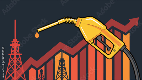 Rising oil price concept with yellow gasoline pump nozzle dripping oil over red growth bar chart.