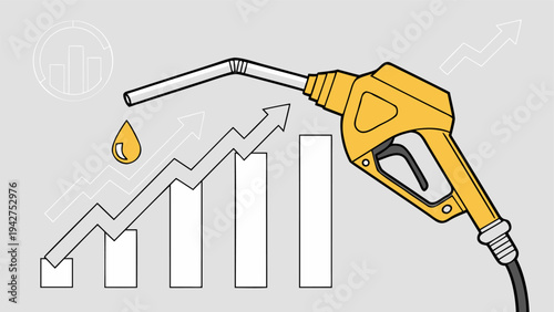 Fuel pump nozzle with oil drop over growth chart background illustrating gasoline price surge.