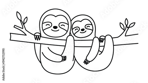 Two Sloths Hugging on a Branch: A charming illustration depicts two adorable sloths in a loving embrace, hanging from a tree branch, conveying warmth and contentment.