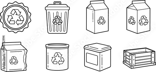 Collection of recycling symbols and containers for waste management and sustainability