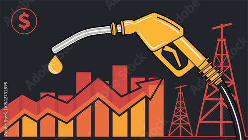 Fuel price surge illustration featuring yellow gas pump nozzle and oil drop on red chart.