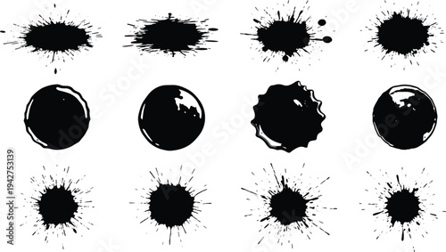 Ink splatter and blot silhouette collection with twelve unique shapes, artistic texture illustration concept for grunge, abstract design, creative background, digital artwork, decorative stains
