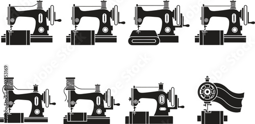 Retro sewing machine collection black and white icons