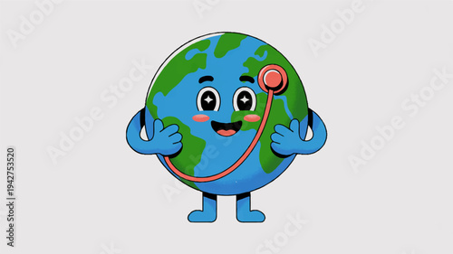 Smiling earth character with stethoscope checking health symbolizing global wellness and environmental care