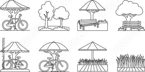 Collection of simple line art icons representing park elements and outdoor leisure activities