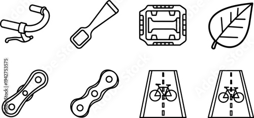 Collection of bicycle parts and symbols for eco-friendly transport and cycling