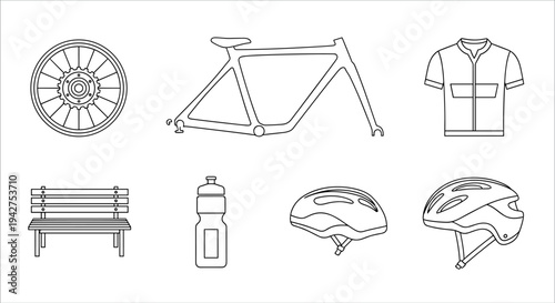 Collection of bicycle components and accessories in a clean line art style