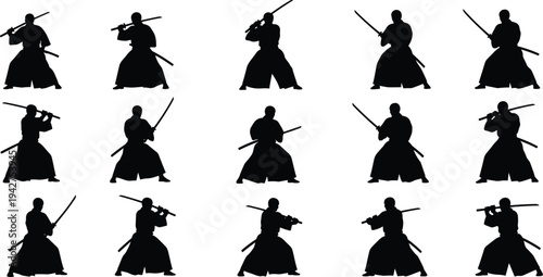 Japanese samurai silhouettes collection, warrior holding katana sword in various martial arts poses, vector set of kendo fighter icons for heritage designs,