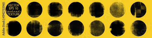 Grunge rolled ink circle stamp textures set handmade with brayer. Letterpress vintage rough round frames, backgrounds, borders. Detailed textured vector illustration isolated on yellow background