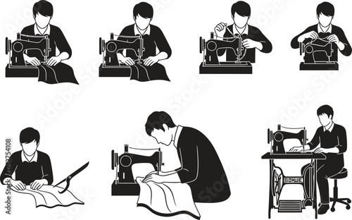 Man sewing at machine: vector icons