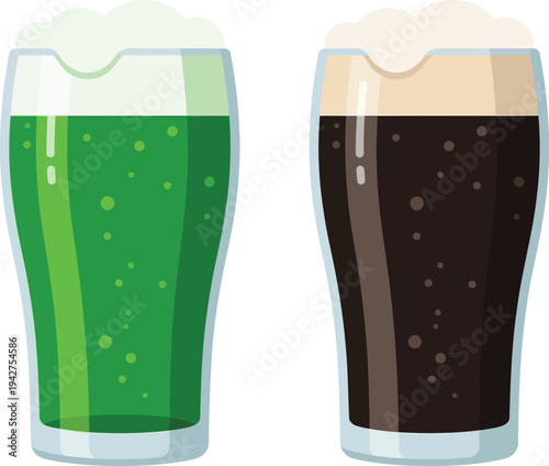 St Patrick's Day Beer Pint Pair Vector | Green and Dark Beer Glass Illustration | Irish Pub Pint Icons