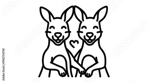 Kangaroo Romance: An endearing sketch of two kangaroos, each displaying cheerful smiles and clasping paws, forms a heartwarming illustration of affection, love, and companionship. 