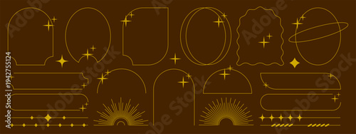 Set of aesthetic, minimalist line art frames and borders with arches, geometric shapes, and text dividers embellished with sparkles
